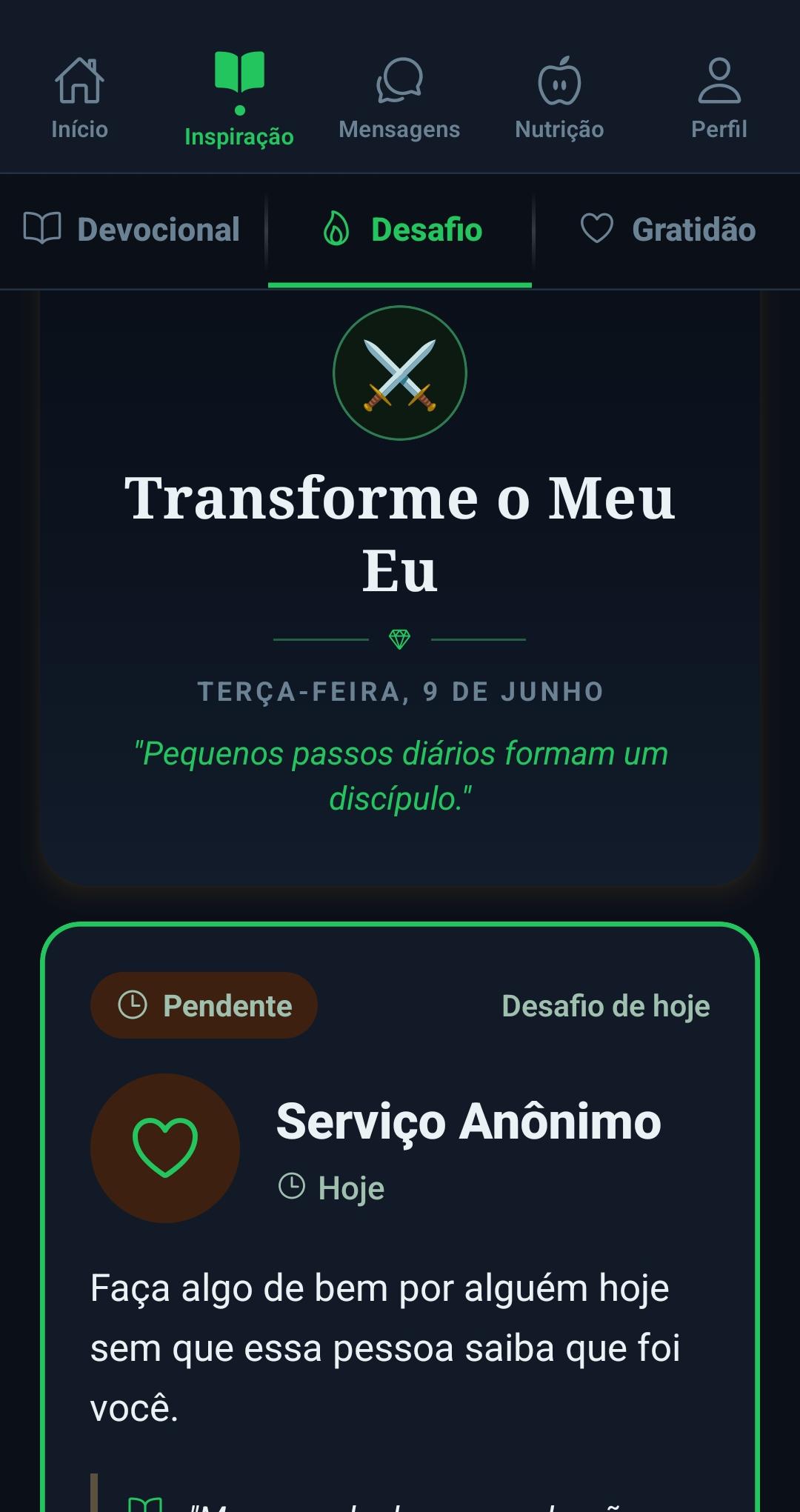 Tela de desafios espirituais do Inspire Vida